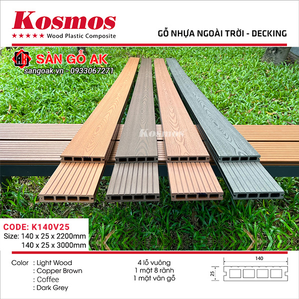 Sàn gỗ nhựa ngoài trời Kosmos lỗ vuông K140V25X2.2M Dark Grey